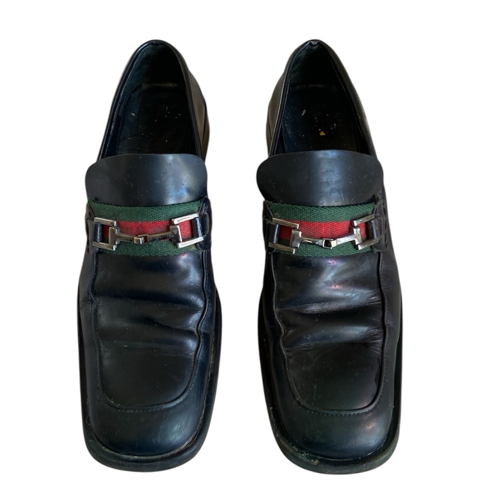 Gucci Black Leather Loafers Red Green Stripes Silver Buckle Accent Size 39 8.5